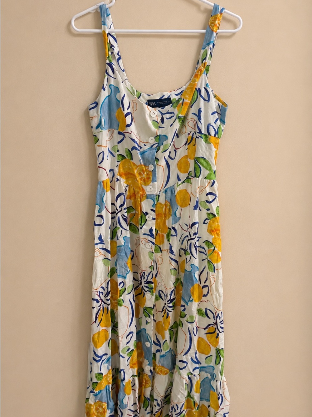 Zara White Lemon-Print Midi Dress with Blue and Yellow Accents